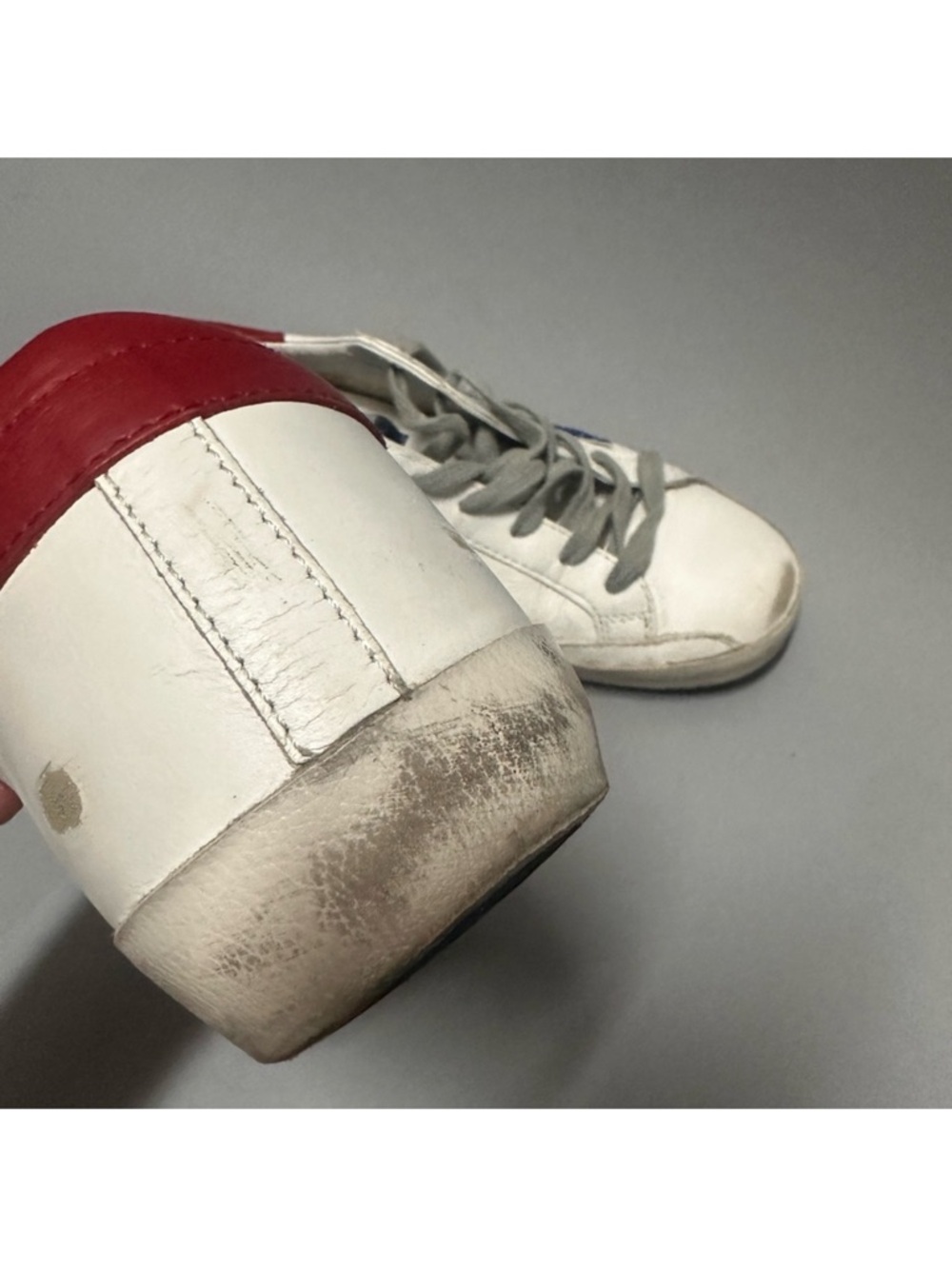 Golden Goose Style White Leather Sneakers with Blue Glitter Star & Red Heel - Picture 7 of 11